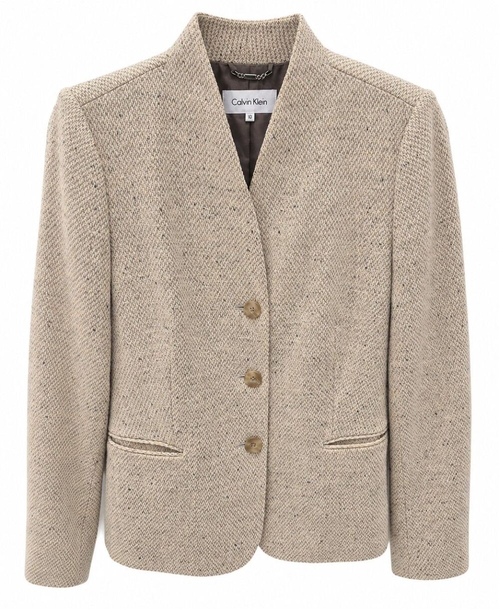 Calvin Klein Women’s Size 10 Beige Tweed Wool Blend Blazer Jacket 3 Button